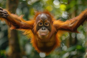 Naklejka premium A Tapanuli orangutan swinging from vine to vine in a Sumatran jungle, its distinctive reddish fur and long arms creating a striking image. 