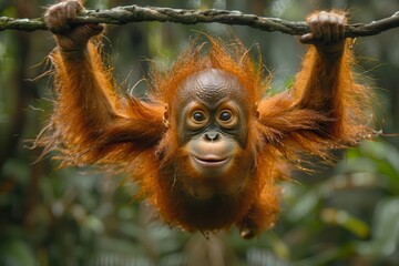 Naklejka premium A Tapanuli orangutan swinging from vine to vine in a Sumatran jungle, its distinctive reddish fur and long arms creating a striking image. 