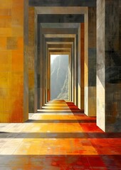 A long hallway with yellow and red walls and a red floor