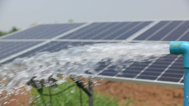 Solar panel for groundwater pump in agricultural field during drought by El Nino phenomenon. Slow motion.