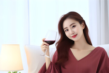 Elegant Asian Beauty with Radiant Skin in Stylish Summer Attire, Enjoying a Glass of Wine