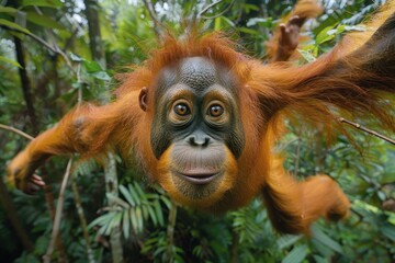 A Tapanuli orangutan swinging from vine to vine in a Sumatran jungle, its distinctive reddish fur and long arms creating a striking image. 
