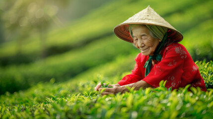 elderly Asian woman in traditional attire, wearing a conical hat, tenderly picks tea leaves in a lush, green tea plantation, surrounded by the serene beauty of nature