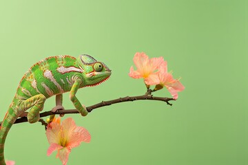 A vibrant green chameleon with white stripes sits on a thin branch with two pink flowers. Generative AI