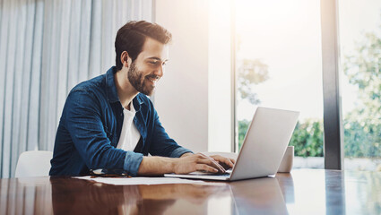 Man, working and video call with laptop in home for online meeting, document for report on email marketing. Male person, social media and web conference with computer for review of engagement