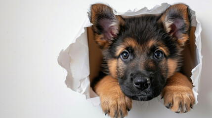 Adorable brown German Shepherd puppy dog face sticking its head out of hole in white paper isolated on plain white background