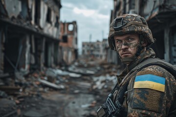 Obraz premium A soldier stands amidst a war-torn urban landscape. Worn buildings and rubble surround him. The scene is somber and intense, capturing a moment of conflict and resilience. Generative AI