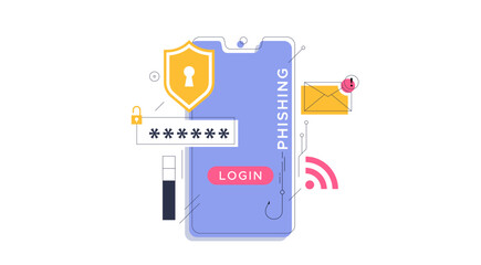 Phishing cyber crime vector illustration. Visuals provide bait in the form of phishing emails, email notifications. Cyber ​​threat awareness, internet fraud awareness, smartphone fraud alert