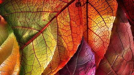 Intertwined Beauty of Autumn Leaves: Abstract Close-Up of Vibrant Veins and Textures in High Contrast