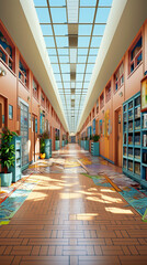 A brightly lit, colorful school hallway with large windows, and polished floors reflecting the sunlight.