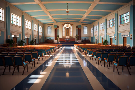 An empty spacious school auditorium with rows of wooden seats.