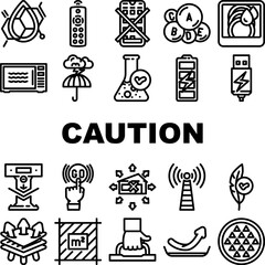 product caution label warning icons set vector. clean formula, remote control, no app required, vitamin, durability, microwave safe product caution label warning black contour illustrations