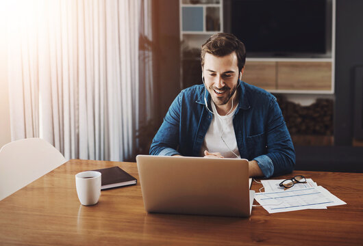 Male person, remote work and video call with laptop in home for online meeting, document for report on email marketing. Man, social media and web conference with computer for review of engagement - Powered by Adobe