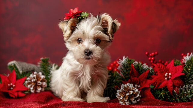 Adorable Morkie puppy prepared for Christmas with flowers on red backdrop