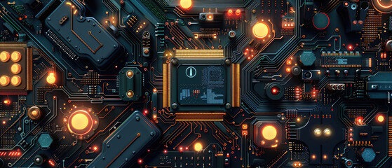 high detail technology electronic circuit transistor board electricity components NFC display connection wallpaper viewed from above