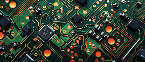 high detail technology electronic circuit transistor board electricity components NFC display connection wallpaper viewed from above