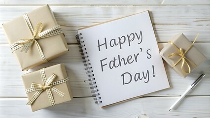 Happy father's day inscription, inscription in notebook, with gifts isolated on white background, text area, png

