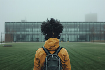 A person wearing headphones and a backpack walks across a grassy field towards a modern glass-fronted building, shrouded in a misty, fog-covered atmosphere, symbolizing solitude and reflection.