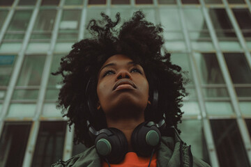 A young woman wearing headphones looks upwards in front of a modern glass building. The image captures her from an upward angle, emphasizing her determination and focus.