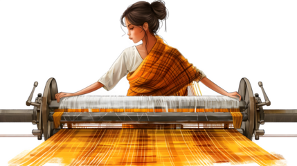 Textile worker with loom, Labor Day tribute to textile industry, skilled craftsmanship in action, png file, isolated on white