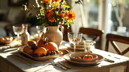 Cozy autumn dining table setting with pumpkins, flowers, and sunlight streaming in, ideal for a fall gathering or seasonal home decor inspiration.