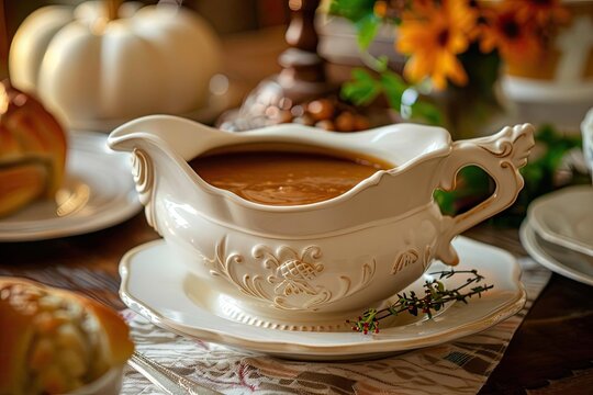 Elegant Thanksgiving gravy boat filled with rich gravy, set on an autumn-themed table with pumpkins and flowers for festive dining.