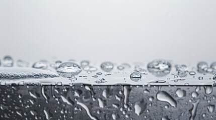 Tranquil Rain Droplets on Textured Metal Surface with Soft White Background
