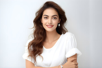 indian beauty fresh skin long black hair in summer dress smailing in happy mode with clock