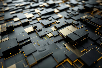 Obraz premium digital representation of numerous black and gold blocks arranged in a complex pattern, creating a modern and futuristic look. The geometric design is striking and sophisticated