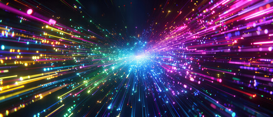 Obraz premium data connection transfer colorful glowing neon color shiny speed lines energy motion speed digital modern wide abstract on dark background