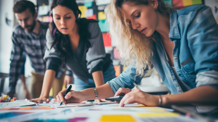Marketing Team Collaborating on a Rebranding Strategy in a Dynamic Workspace