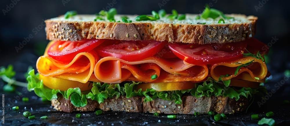 Wall mural Close-up of a Delicious Sandwich with Tomato, Cheese, and Ham