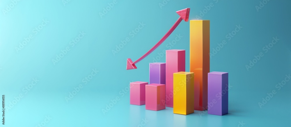 Poster Colorful Bar Graph with Upward Arrow on a Blue Background