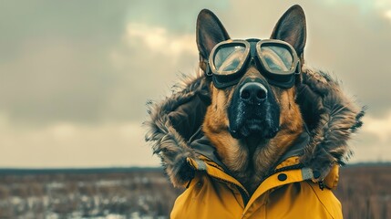 German shepherd dog in winter coat with goggles