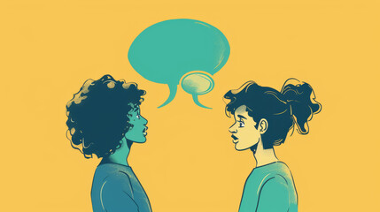 Two women, one african american and one Asian, are engaged in a conversation with speech bubbles above their heads. The background is yellow, highlighting their dialogue