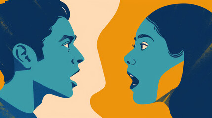 illustration of two people, one blue and one yellow, facing each other in an intense conversation. The expressive art style, animated discussion on a contrasting orange background, arguing 