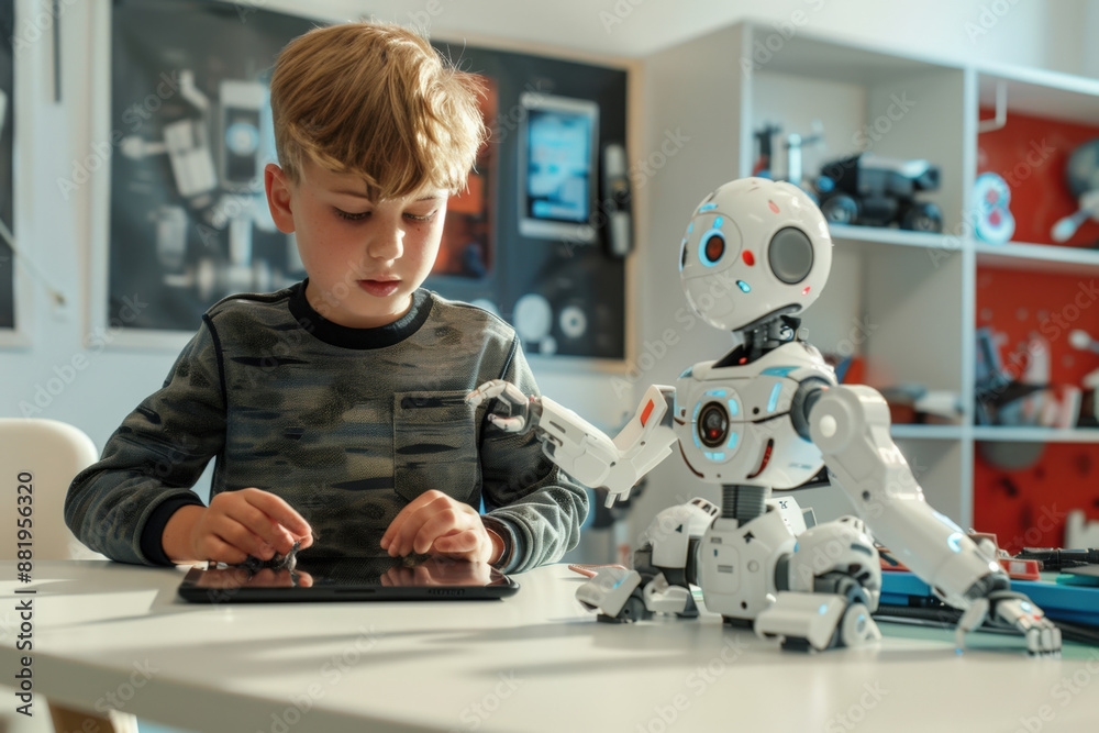 Poster young boy is deeply focused, programming a robot using a digital tablet in a modern classroom settin