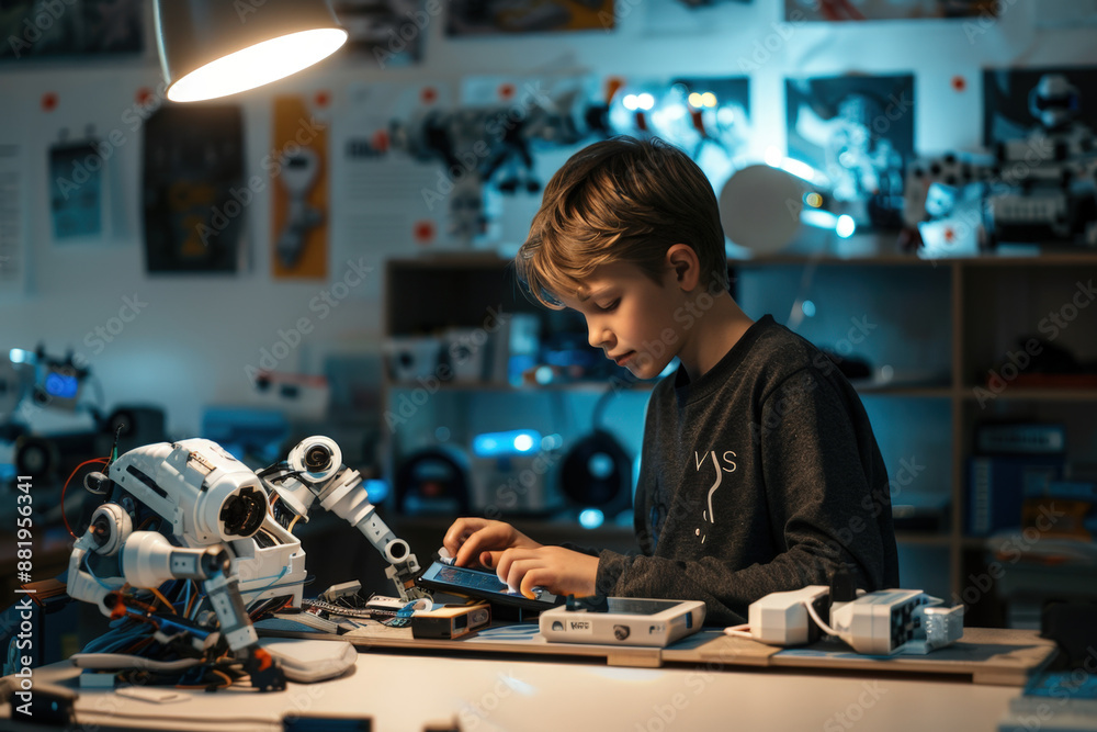 Poster young engineer concentrating on programming a robot using a tablet, surrounded by tech equipment in 