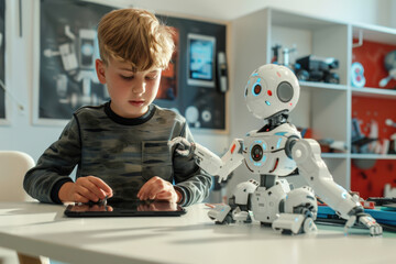 Young boy is deeply focused, programming a robot using a digital tablet in a modern classroom setting