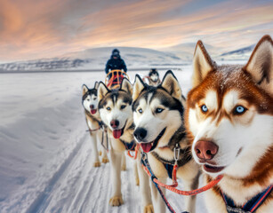 husky dogs, sled pull in the polar arctic on the snow