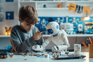 Boy builds a robot in a colorful lab, exploring tech and creativity. Learning, experimenting, and having fun with stem
