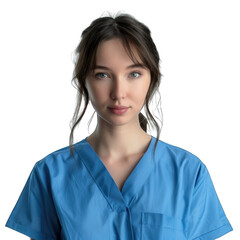 Female health care worker in a blue uniform smiling at camera. Transparent background or PNG file.
