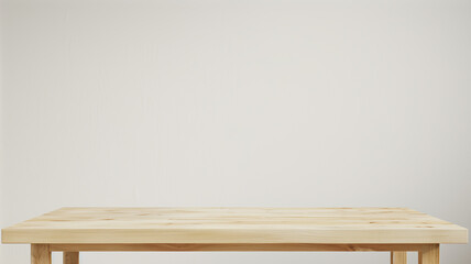 An empty light wood table situated against a soft white background. The arrangement is simple and centered, providing a clean and spacious area for product presentations. 