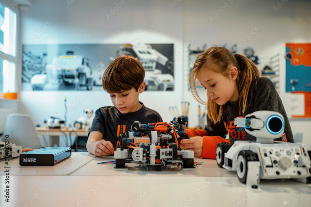 Poster two young engineers concentrating on connecting wires and components of a robot prototype during a r