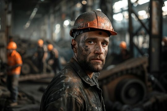 Portrait of a construction worker in a muddy work jacket and hard hat stands on an industrial site, with another worker in the background
