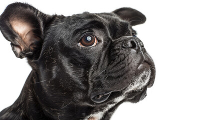 Close-up portrait view of adorable black French Bulldog dog head and face looking from side view isolated on white background