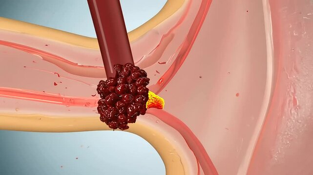 Cholesterol blockage causing blood clot in heart artery, illustrating coronary artery disease.