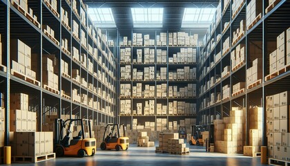 A large, well-organized warehouse filled with stacked boxes on high shelves, illuminated by natural light from skylights, with several forklifts in operation, creating a busy atmosphere.