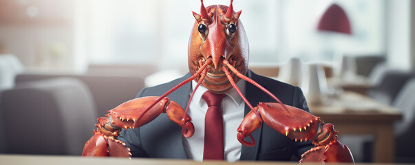 Man Dressed In Suit Wearing A Lobster Head