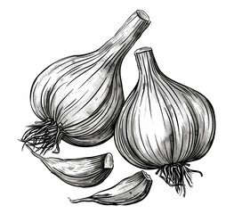 Garlic sketch hand drawn. Healthy food garlic illustration. Organic fresh vegetarian food drawing. Classic engrave, hand drawn, garlic sketch style. Farm market product, menu